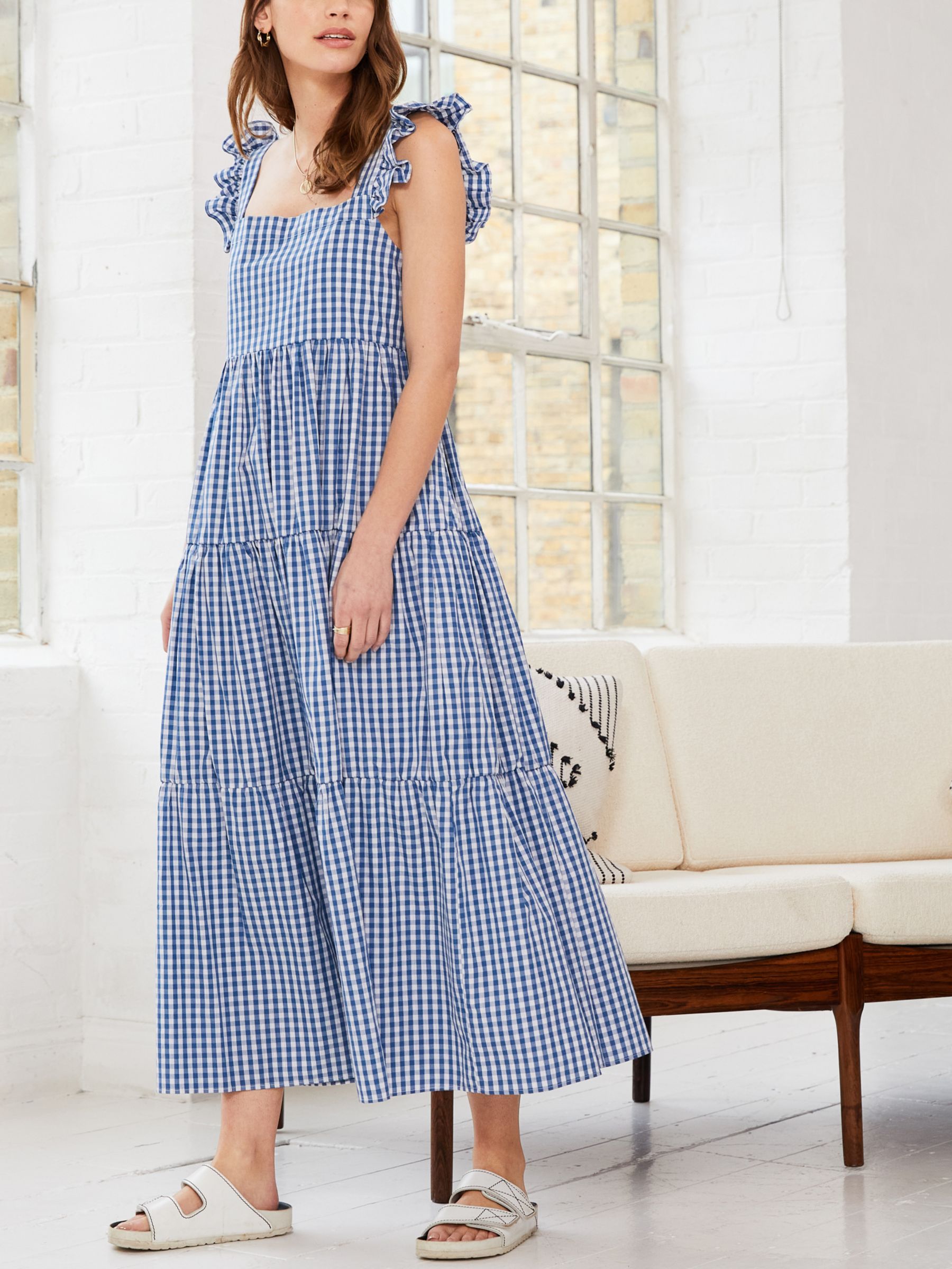 Baukjen Katie Gingham Organic Cotton Maxi Dress, Blue/White, 6
