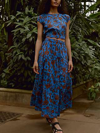 Baukjen Tammy Floral Print Organic Cotton Tiered Skirt, Blue Bold Capri