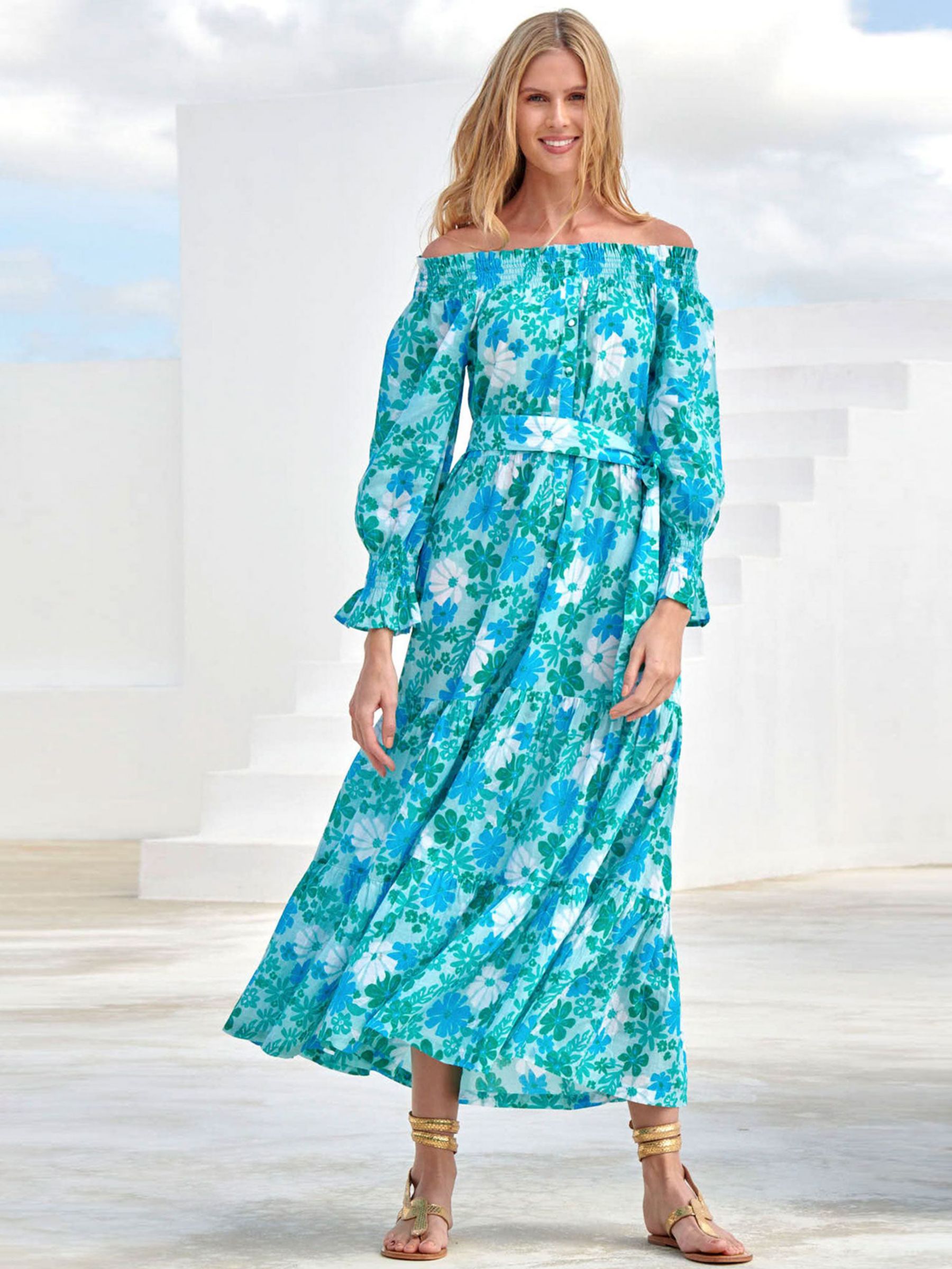 Aspiga Holly Cotton Retro Floral Tiered Maxi Dress, Sea Green, S