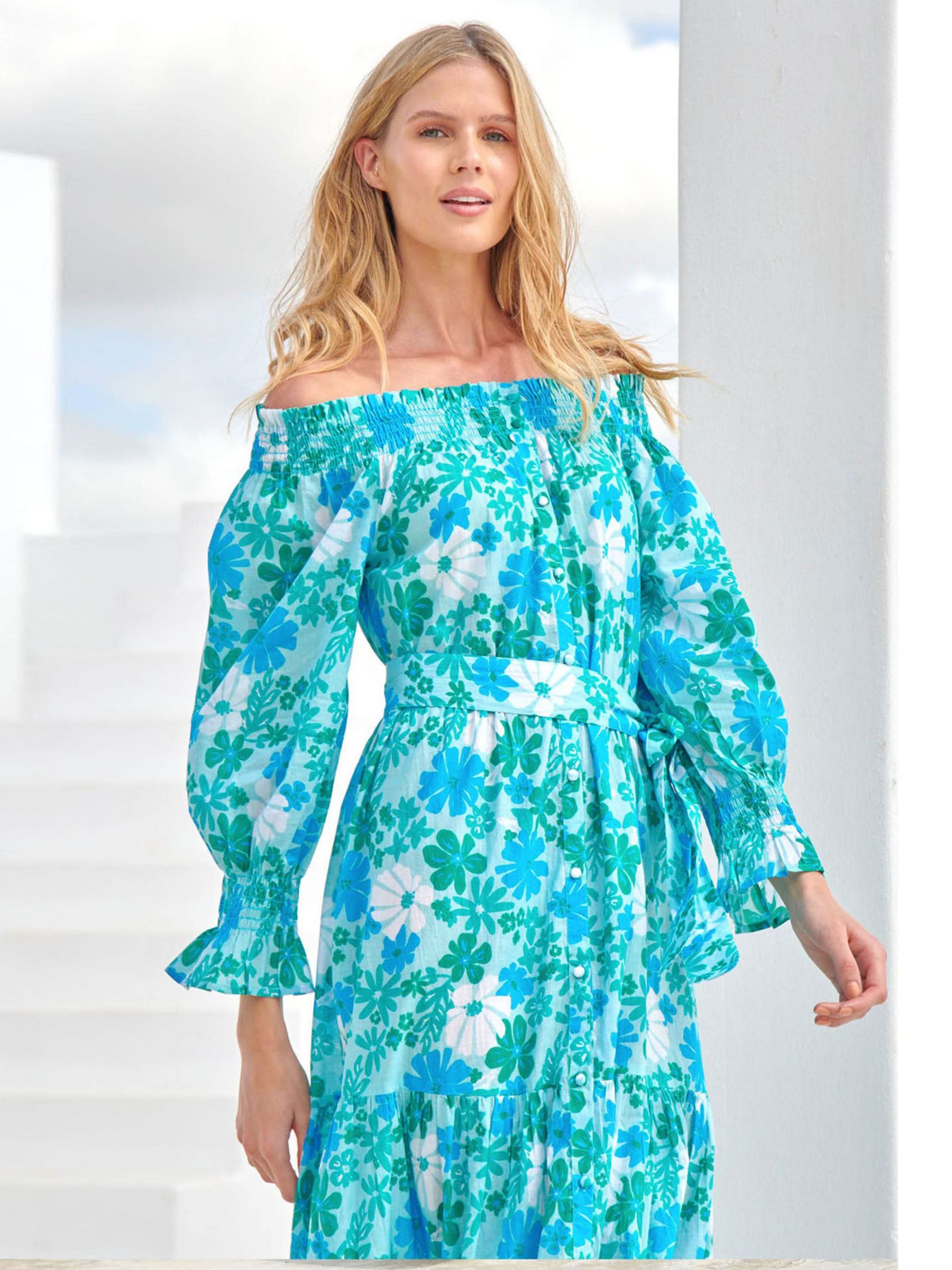 Buy Aspiga Holly Cotton Retro Floral Tiered Maxi Dress, Sea Green Online at johnlewis.com