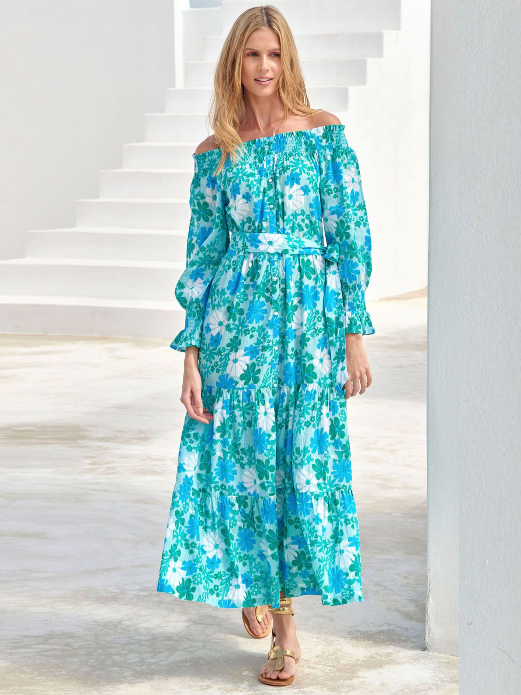 Aspiga Holly Cotton Retro Floral Tiered Maxi Dress, Sea Green, S
