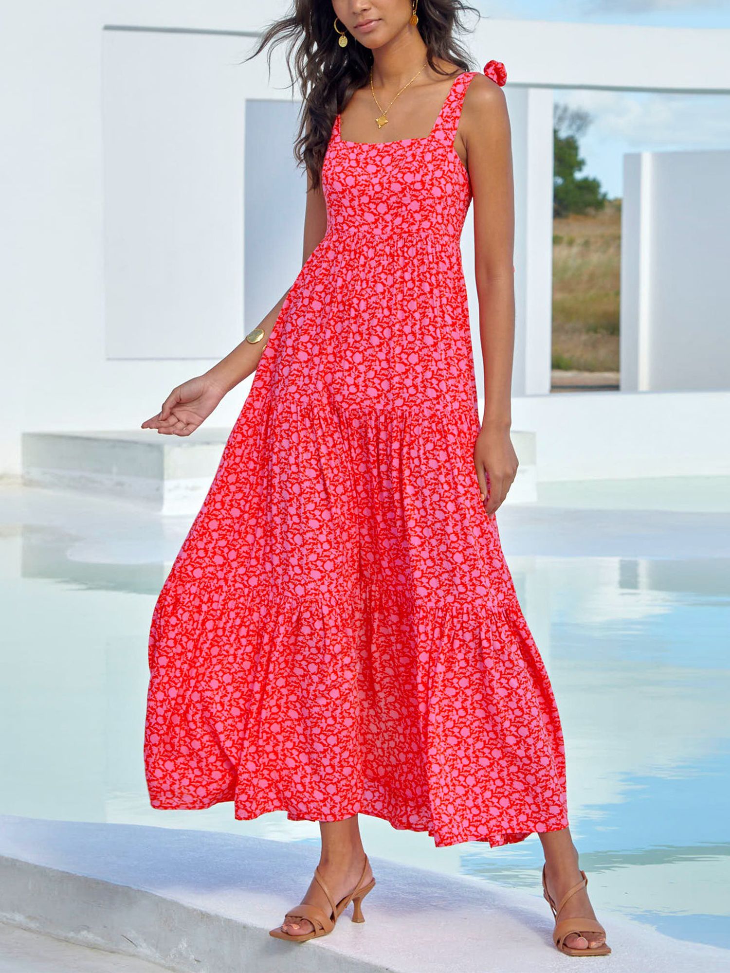 Aspiga Tabitha Floral Tiered Maxi Dress Flower Pink at John Lewis