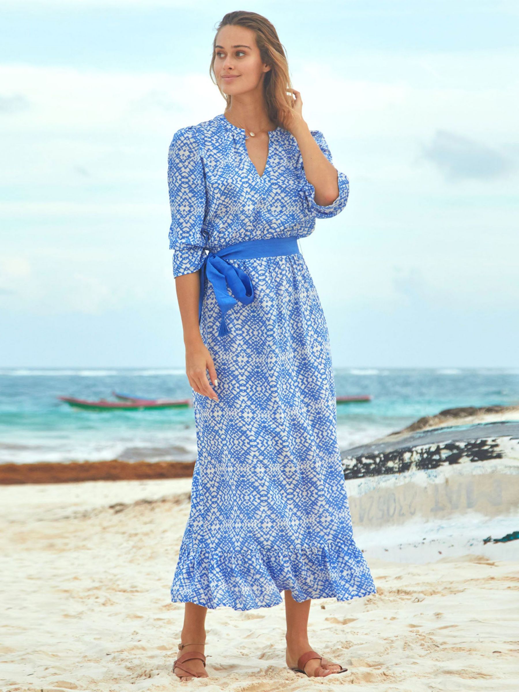 Aspiga Maeve Geometric Print Contrast Belt Maxi Dress, Marina Blue at ...