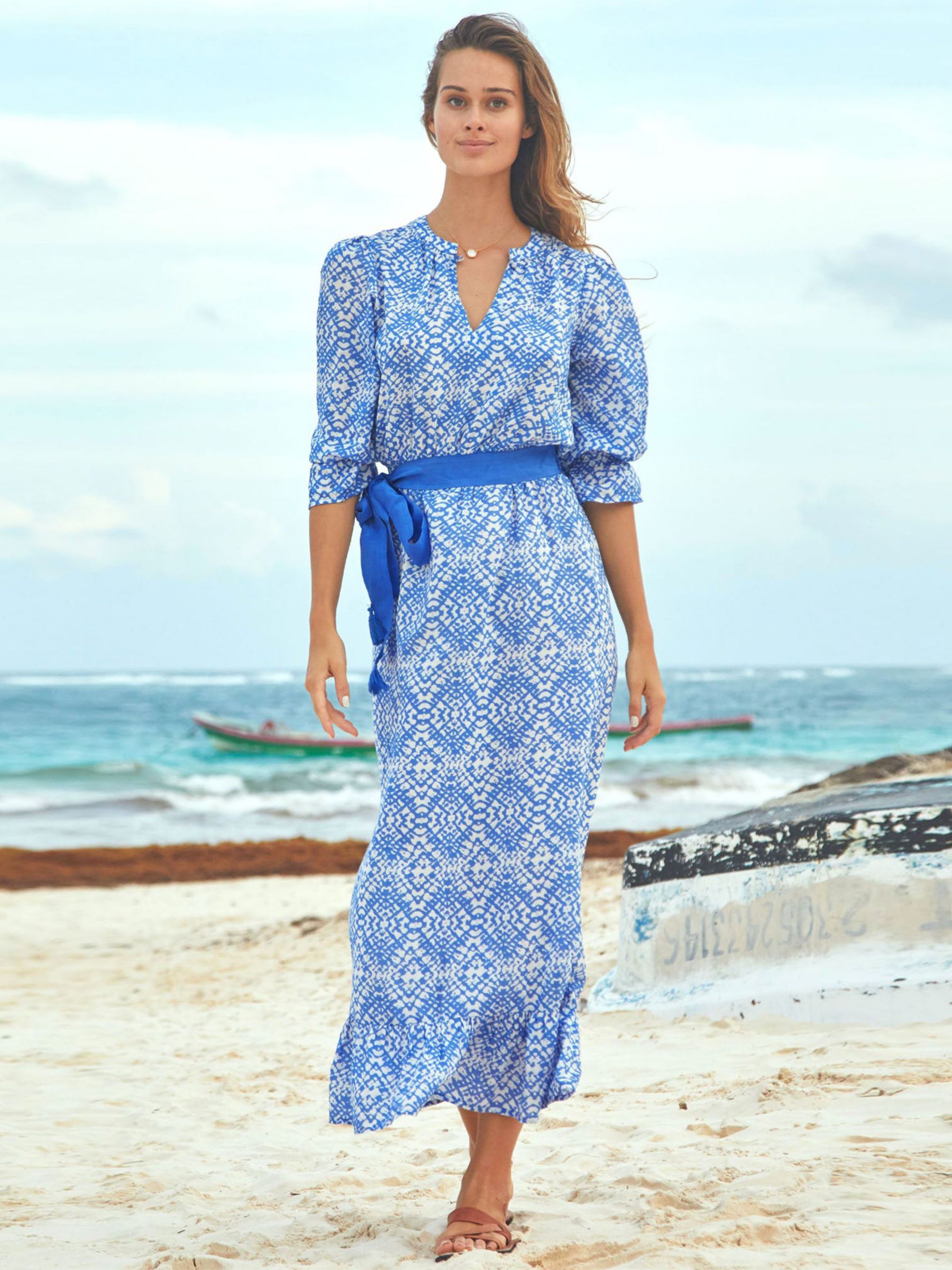 Aspiga Maeve Geometric Print Contrast Belt Maxi Dress, Marina Blue at ...