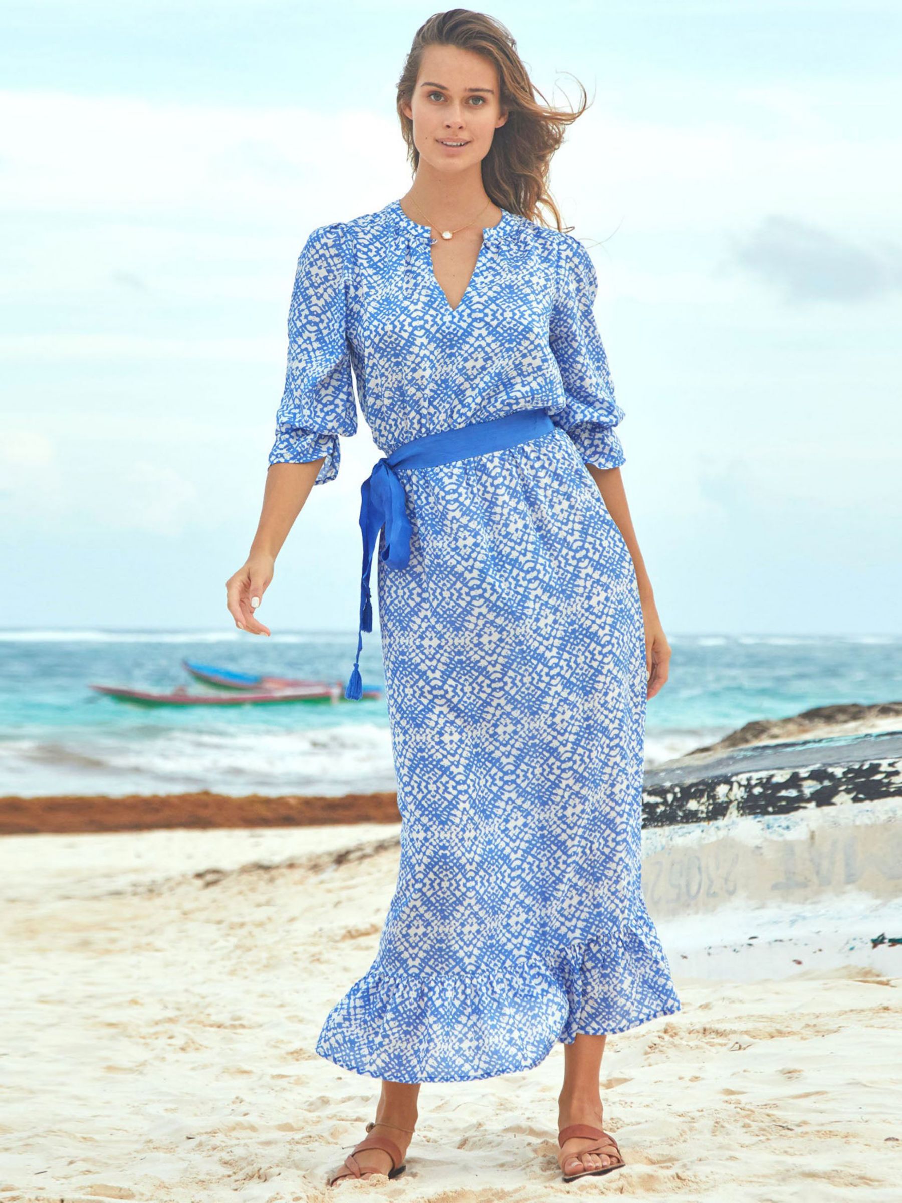 Aspiga Maeve Geometric Print Contrast Belt Maxi Dress Marina Blue