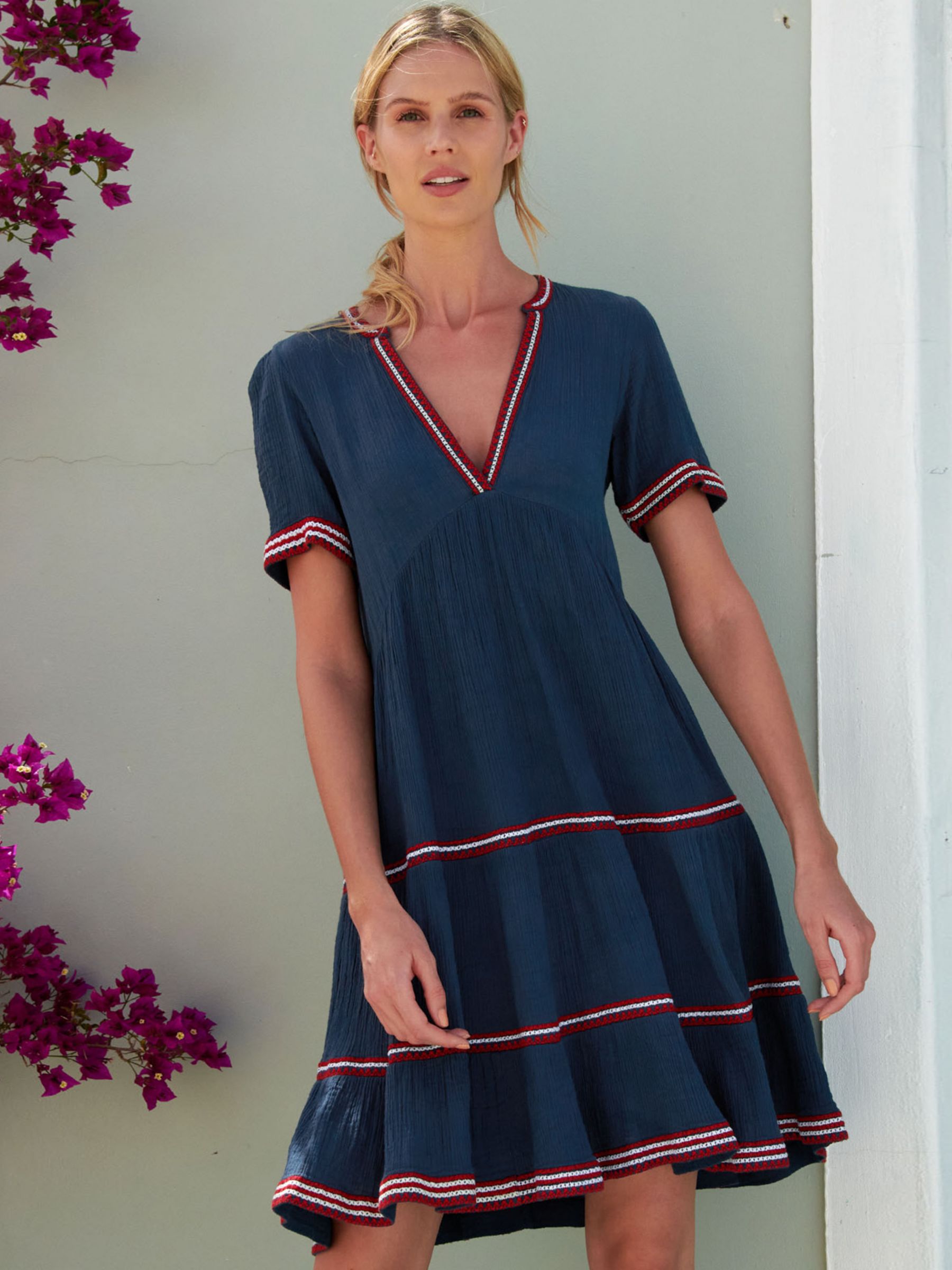 Aspiga Meredith Tiered Summer Dress, Plain Navy/Red, XS