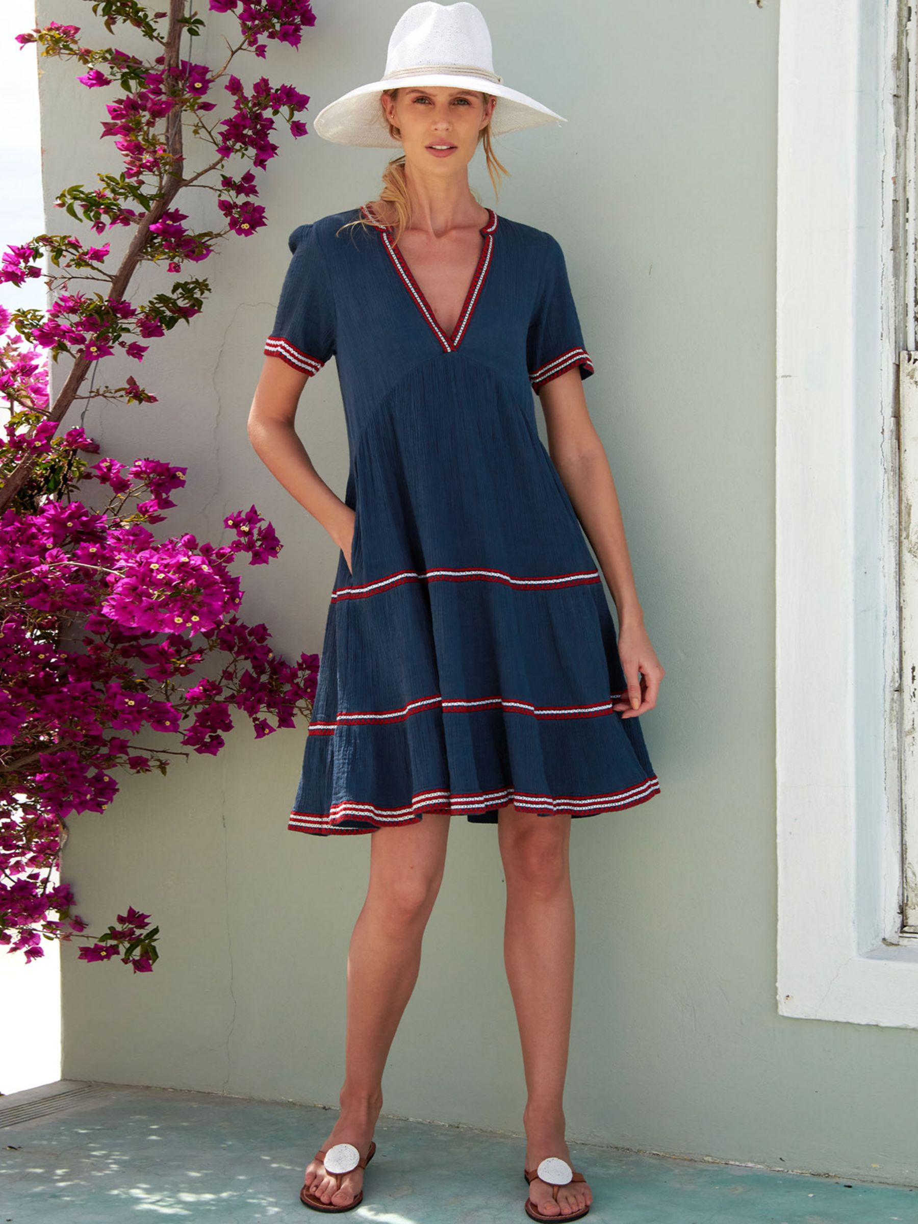 Aspiga Meredith Tiered Summer Dress, Plain Navy/Red, XS