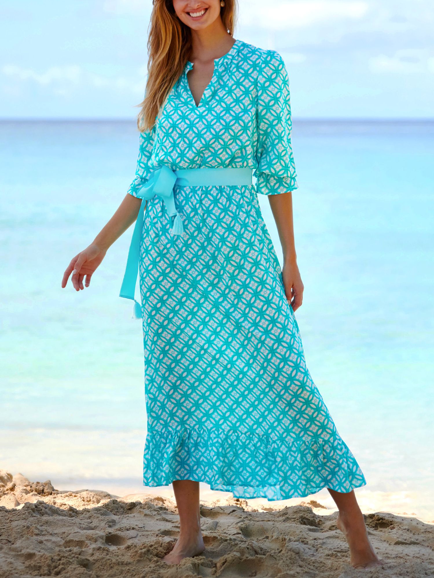Aspiga Maeve Geometric Print Contrast Belt Maxi Dress, Turquoise/Multi, XS