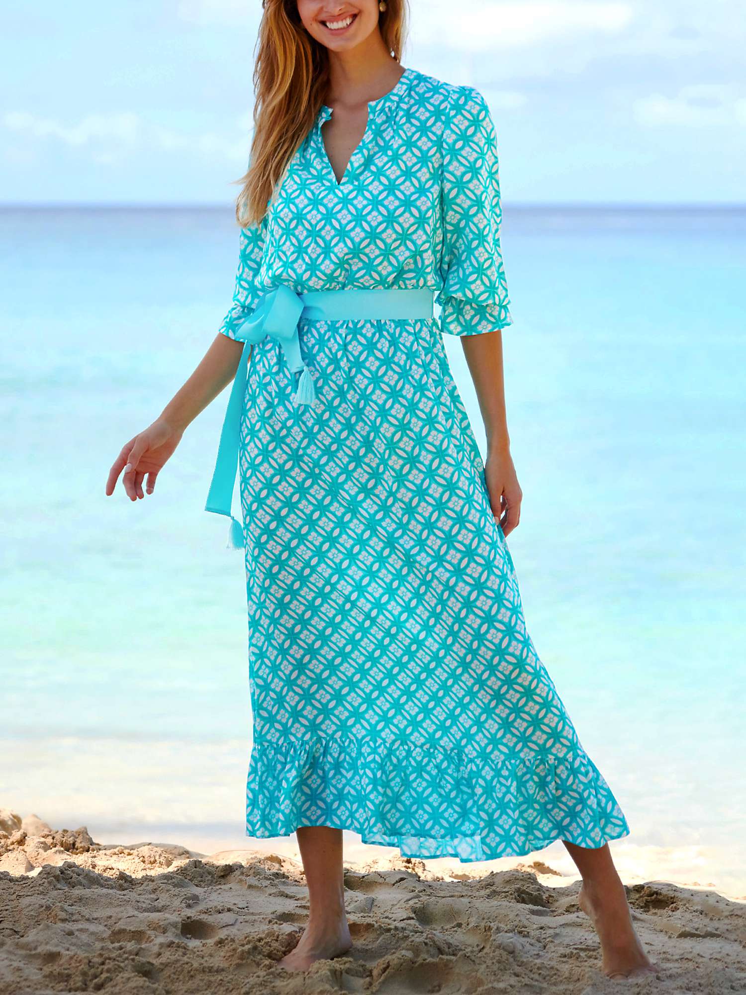Aspiga Maeve Geometric Print Contrast Belt Maxi Dress, Turquoise at ...