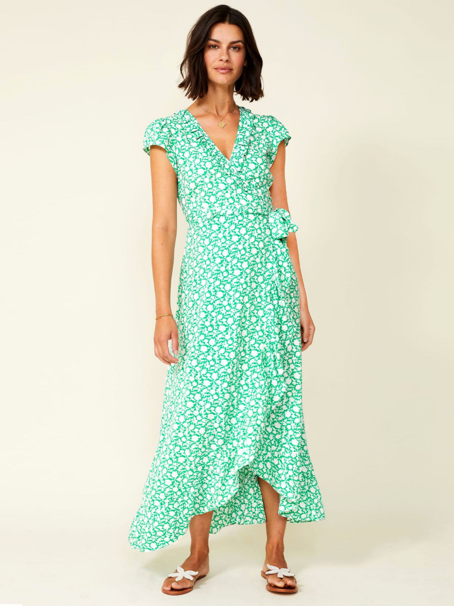 Aspiga Floral Short Sleeve Demi Wrap Dress, Flower Green, XXS