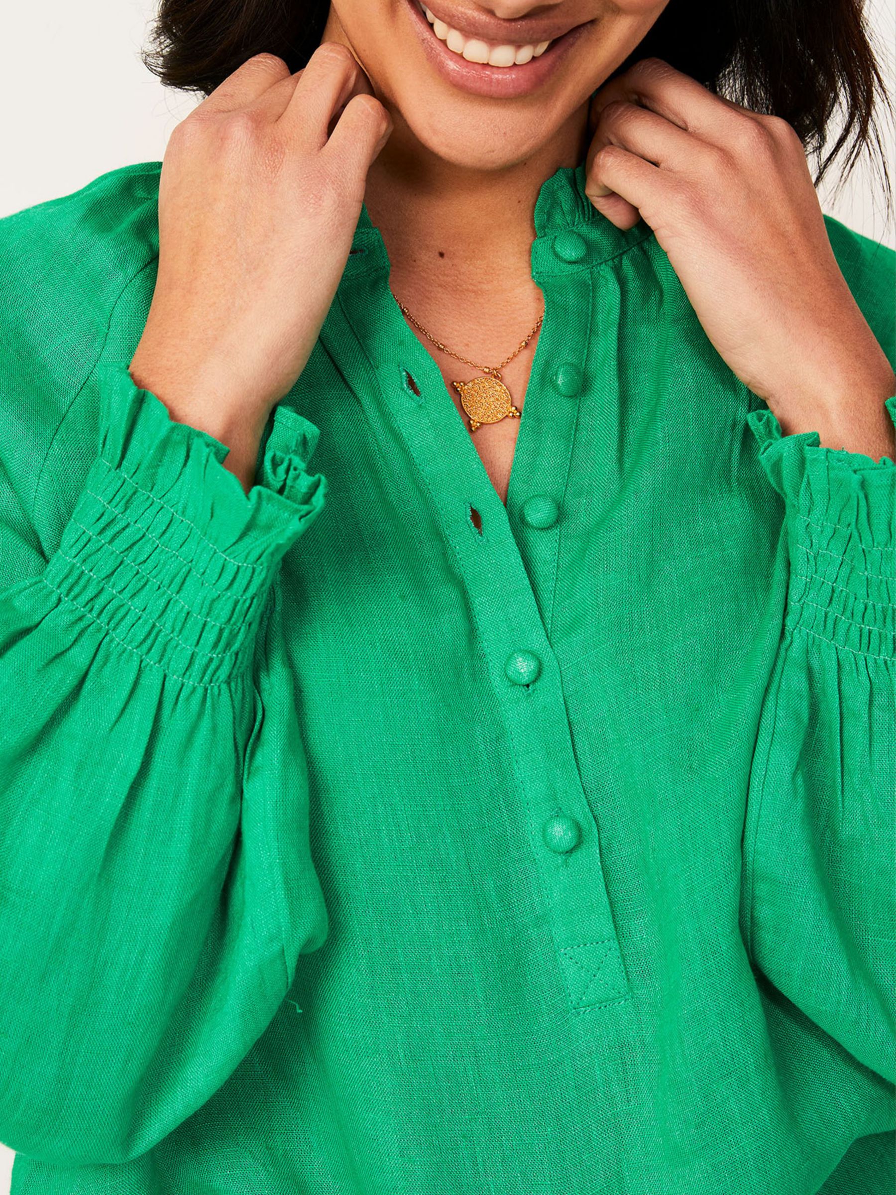 Aspiga Danna Linen Frill Neck Blouse Gumdrop Green at John Lewis