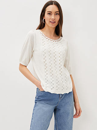 Phase Eight Jillian Crochet Linen Blend T-Shirt, Ivory