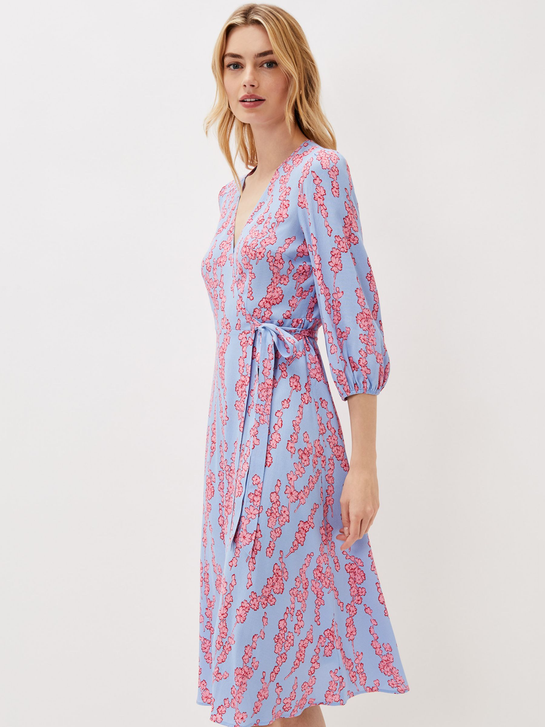 Phase Eight Jean Floral Wrap Midi Dress, Powder Blue/Pink