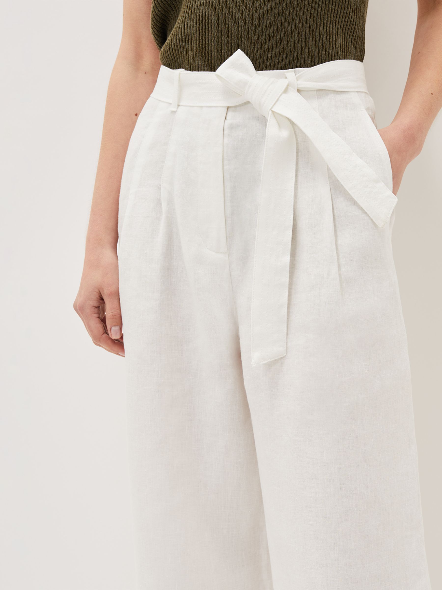 Phase Eight Aaliyah Linen Belted Trousers, White, 10