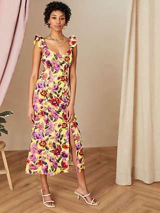 Monsoon Bethany Floral Print Midi Dress, Yellow/Multi