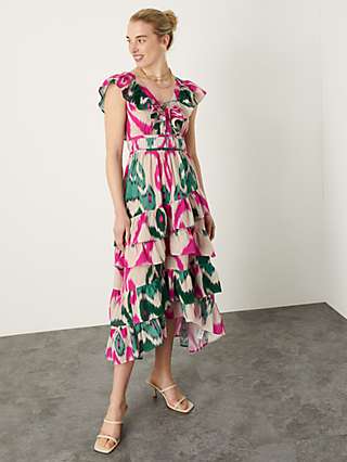 Monsoon Ruffle Ikat Print Midi Dress, Pink/Multi
