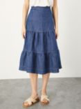 Monsoon Cotton and Hem Tiered Midi Denim Skirt, Blue