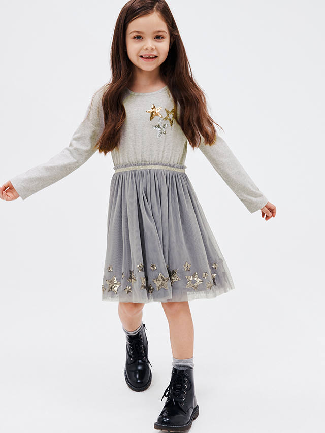 John Lewis Kids' Sequin Star Jersey Top Tulle Skirt Dress, Grey