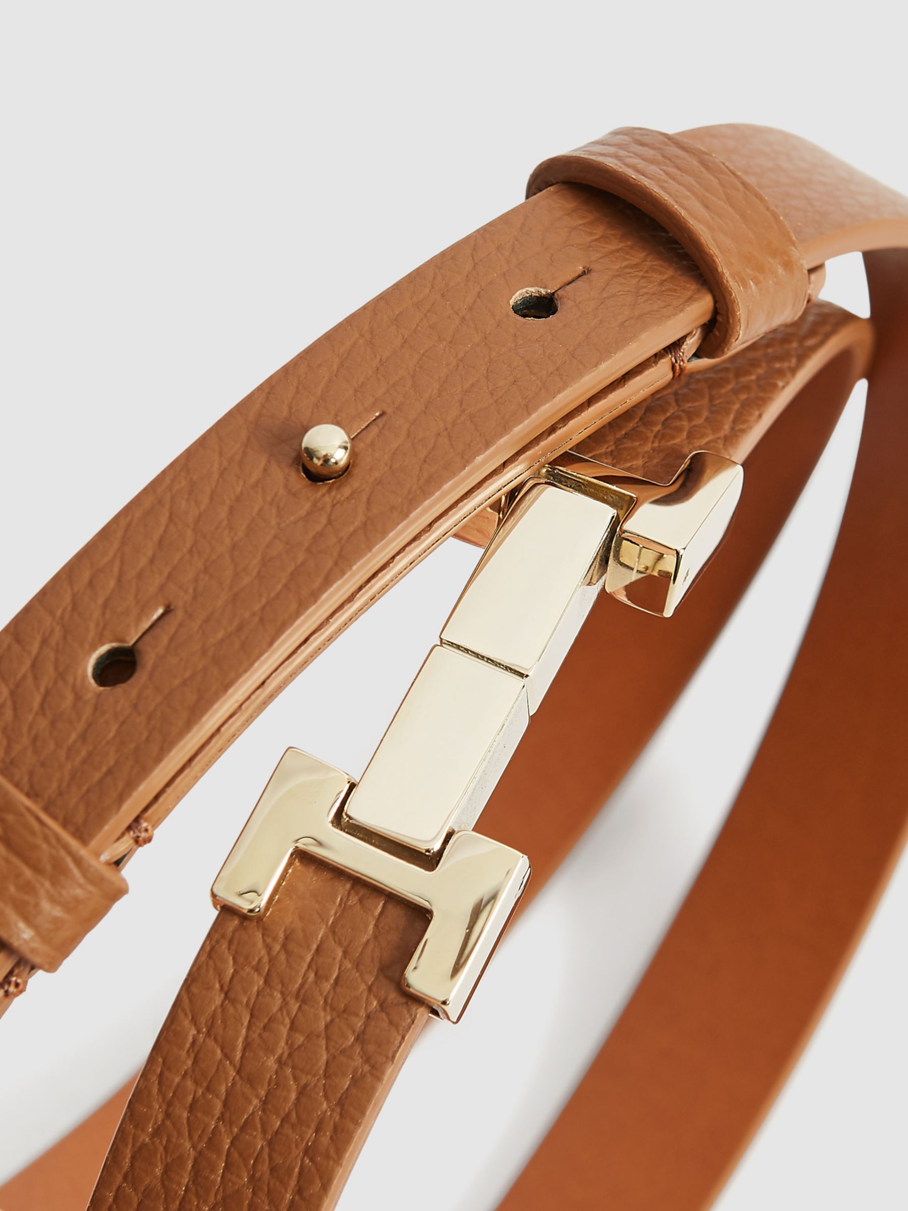Reiss Hayley Skinny Leather Belt, Tan, XS