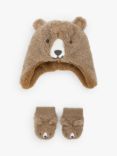 John Lewis Baby Borg Bear Trapper Hat & Mittens Set, Brown
