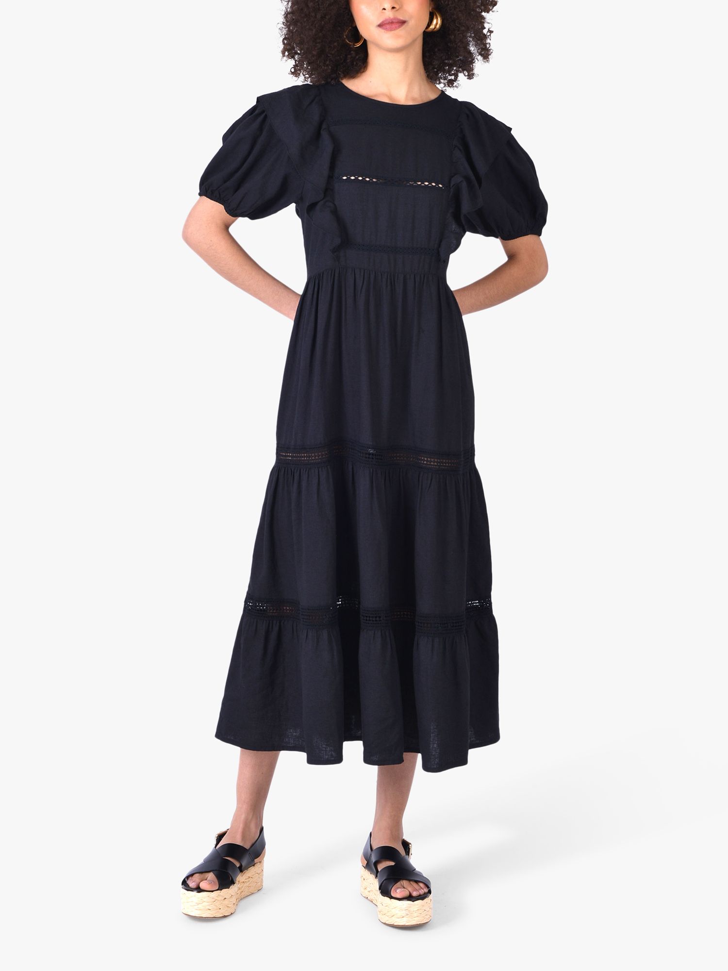Ro&Zo Frill Linen Blend Midi Dress, Black at John Lewis & Partners