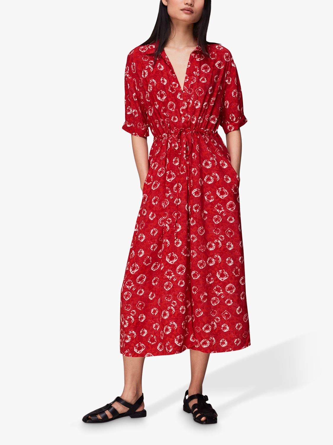 Whistles Hilda Tie Dye Floral Print Midi Dress, Red/Multi at John Lewis ...