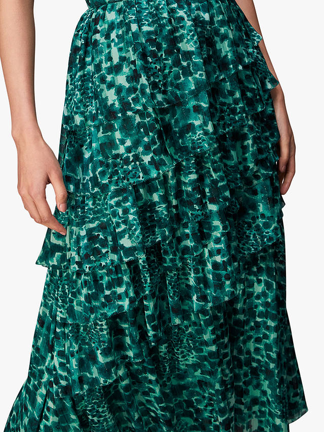 Whistles Watercolour Wildcat Print Tiered Midi Skirt, Green/Multi