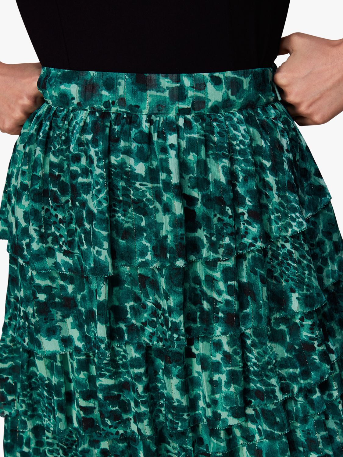 Buy Whistles Watercolour Wildcat Print Tiered Midi Skirt, Green/Multi Online at johnlewis.com
