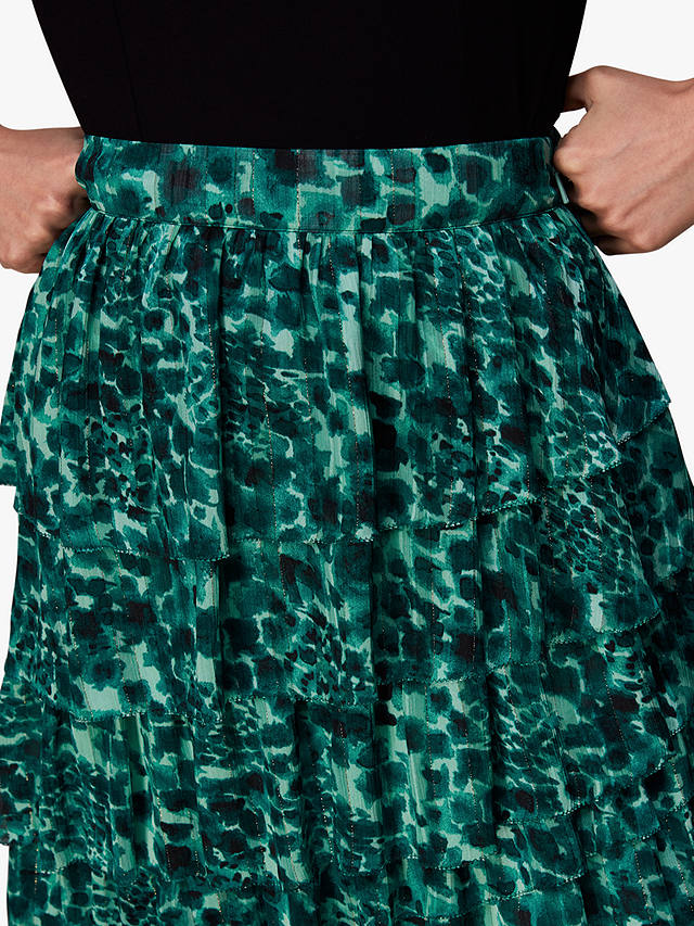 Whistles Watercolour Wildcat Print Tiered Midi Skirt, Green/Multi