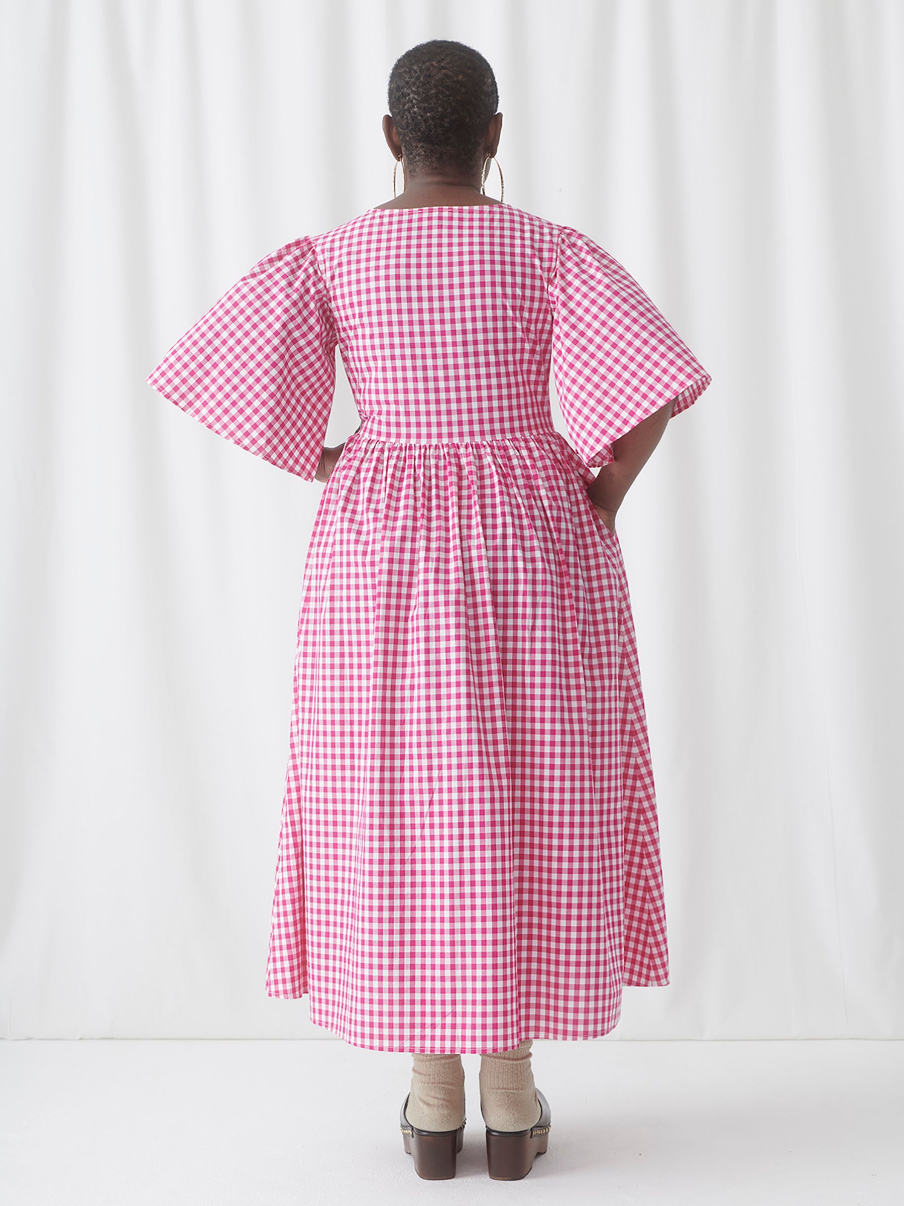 Kemi Telford Kate Check Print Cotton Midi Dress, Raspberry Pink, S
