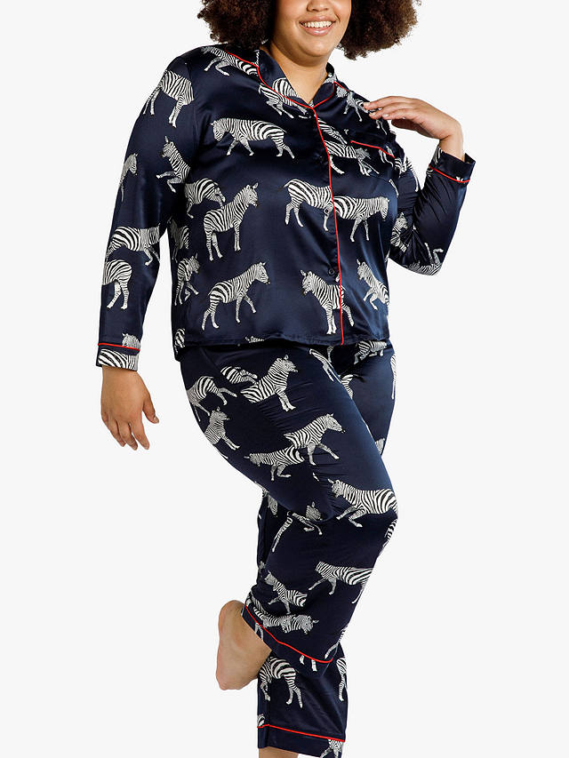 Chelsea Peers Curve Zebra Print Satin Pyjamas, Navy