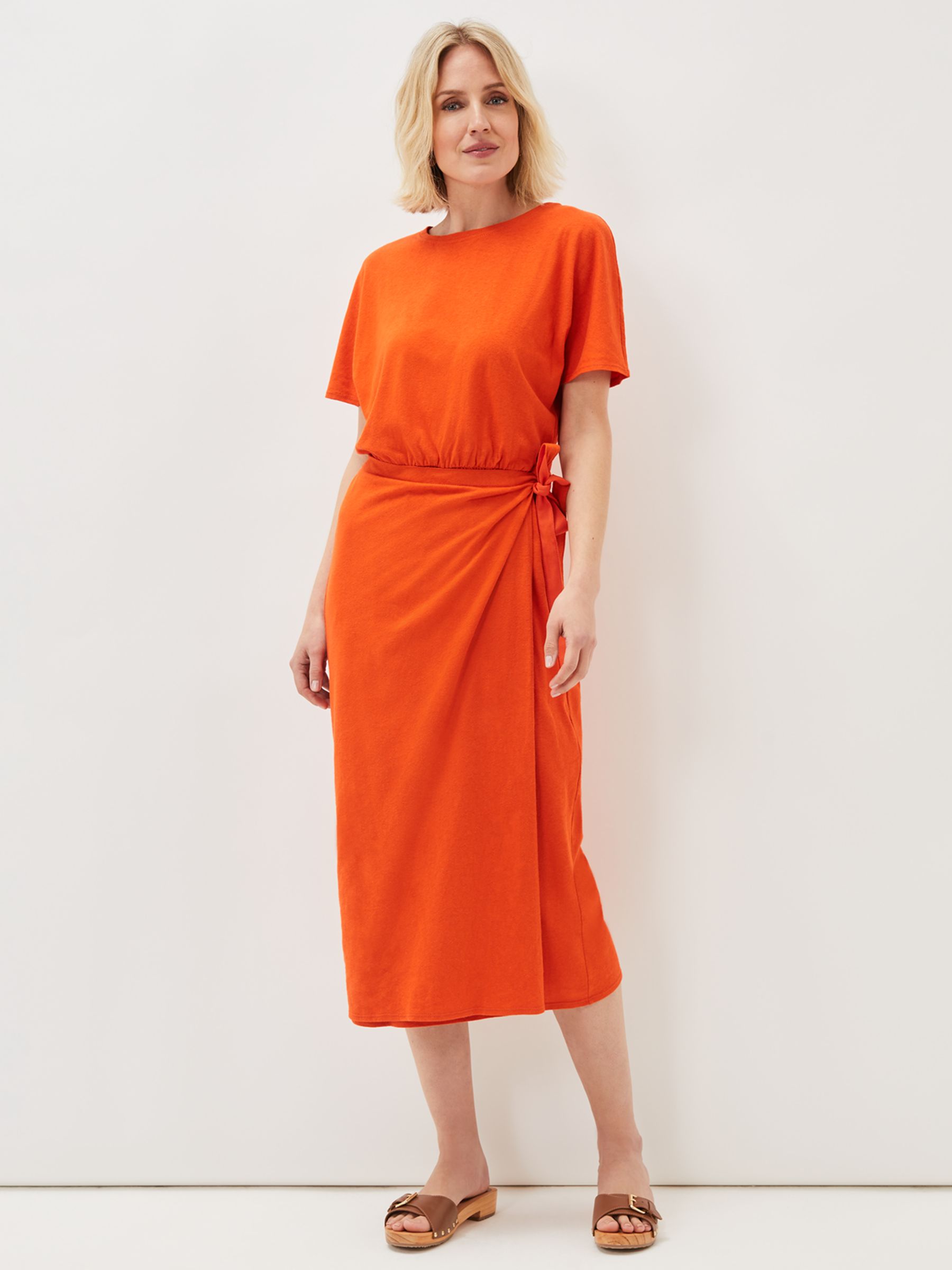 Phase Eight Emmalyn Tie Waist Linen Blend Midi Dress, Tangerine