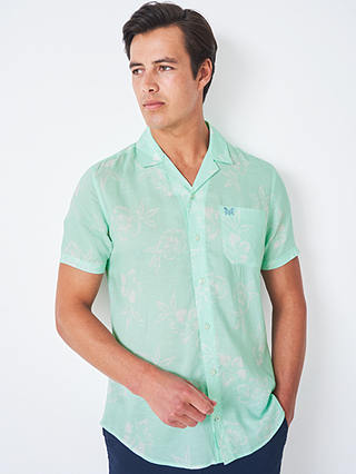 Crew Clothing Hawaiian Short Sleeve Linen Blend Shirt, Light Blue