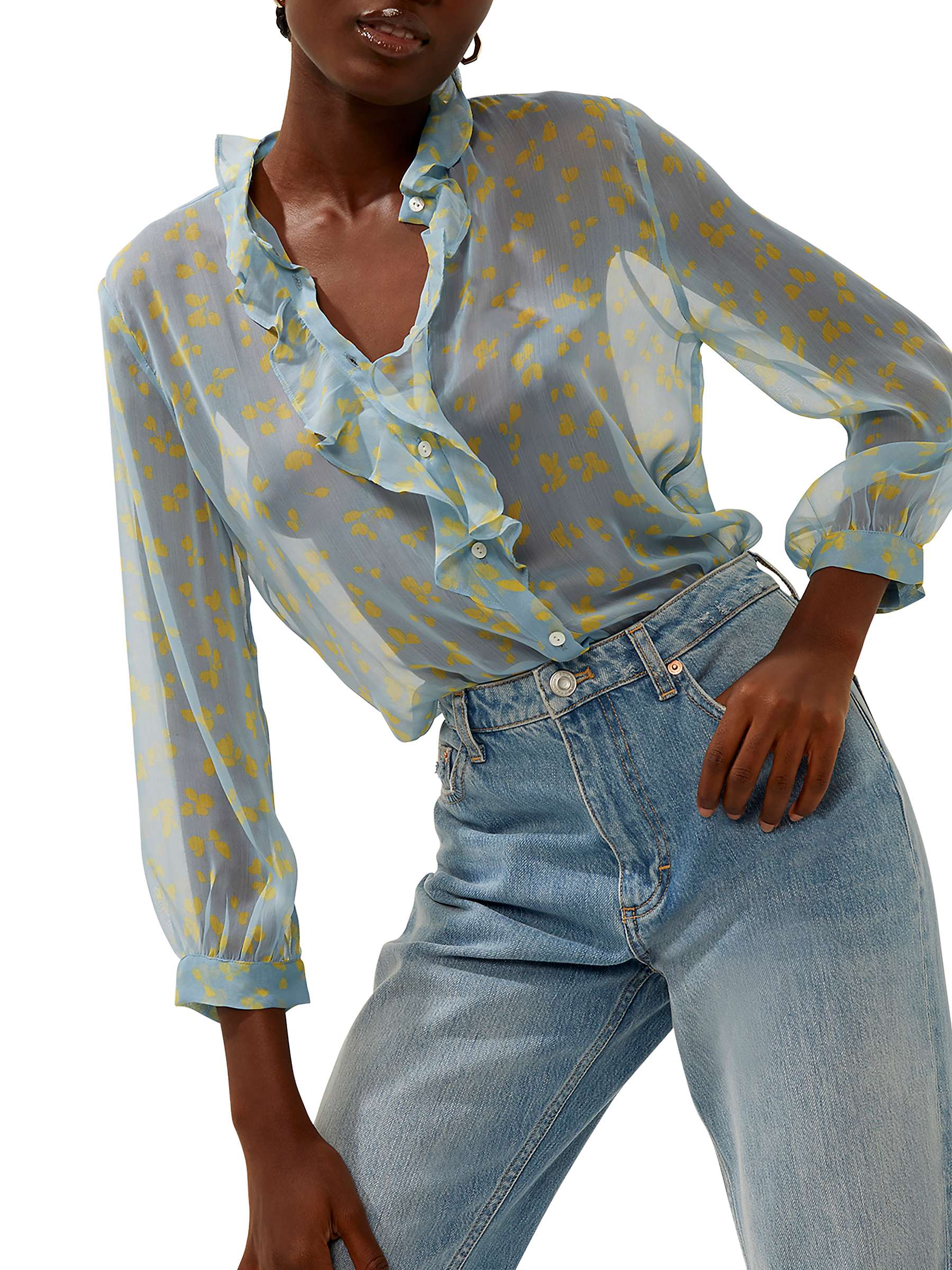 French Connection Bonita Ruffle Floral Blouse, Forget Me Not/Sunshine at  John Lewis  Partners