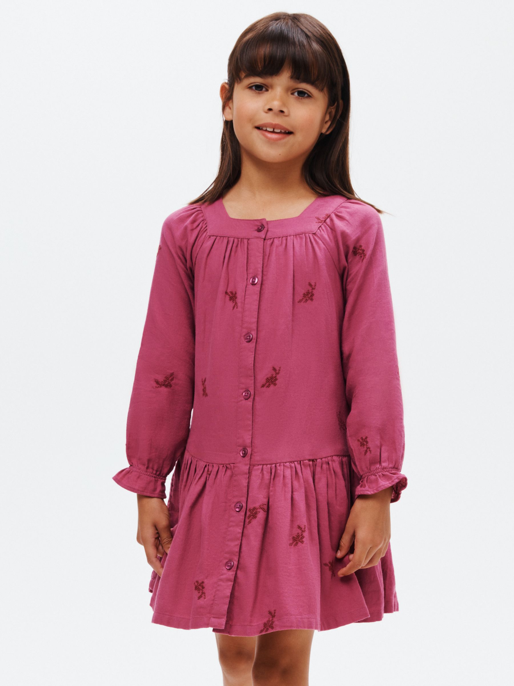 John Lewis Kids' Embroidered Ruffle Shirt Dress, Berry
