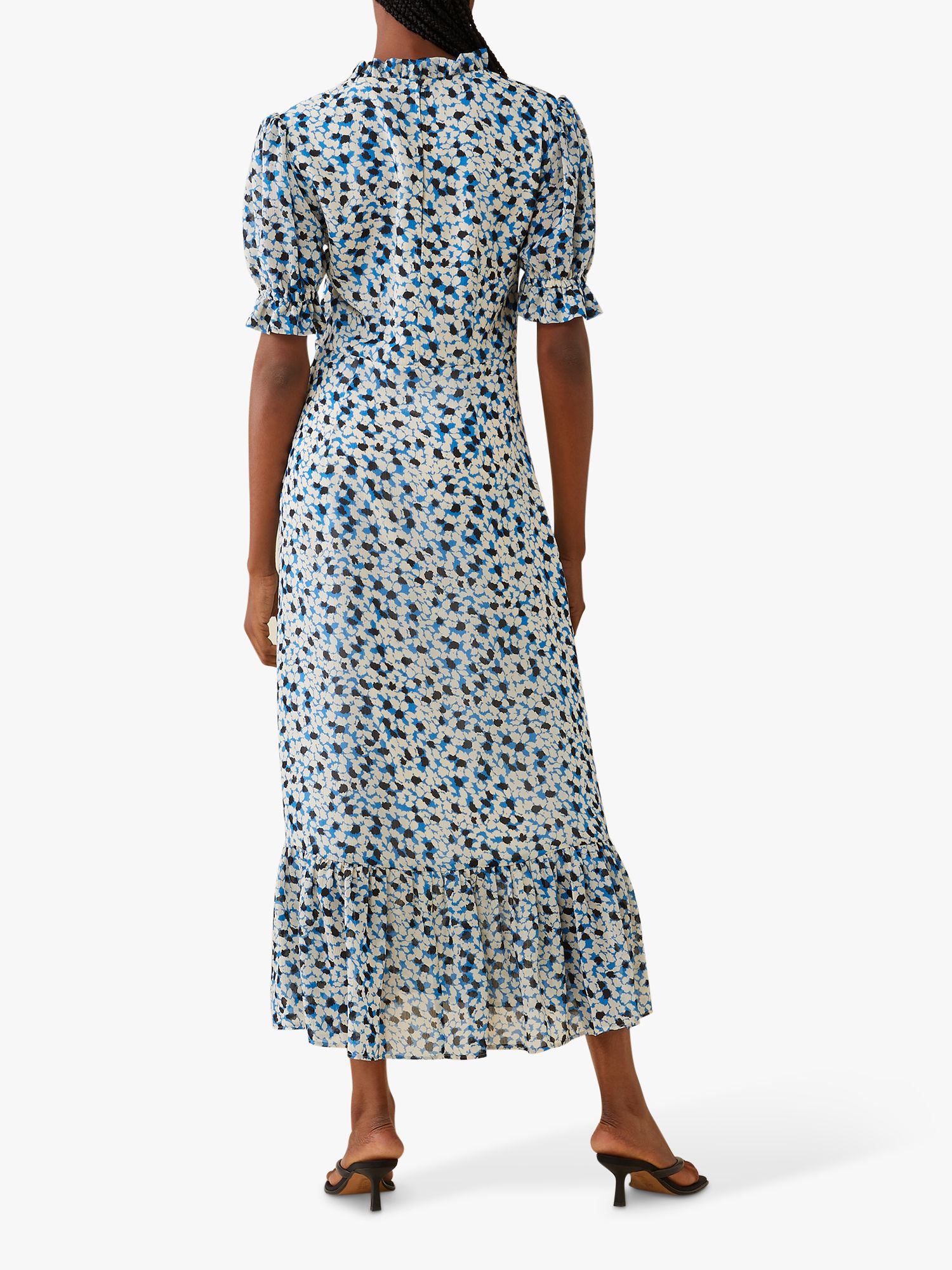 Finery Camille Floral Print Ruffle Neck Midi Dress, Blue/Maple at John ...