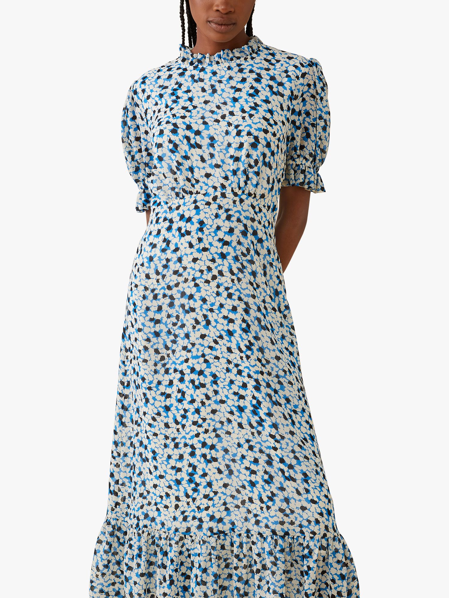 Finery Camille Floral Print Ruffle Neck Midi Dress, Blue/Maple at John ...