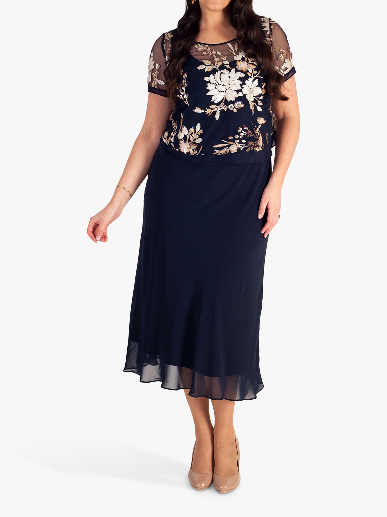 Chesca Embroidered Sequin Midi Dress, Navy