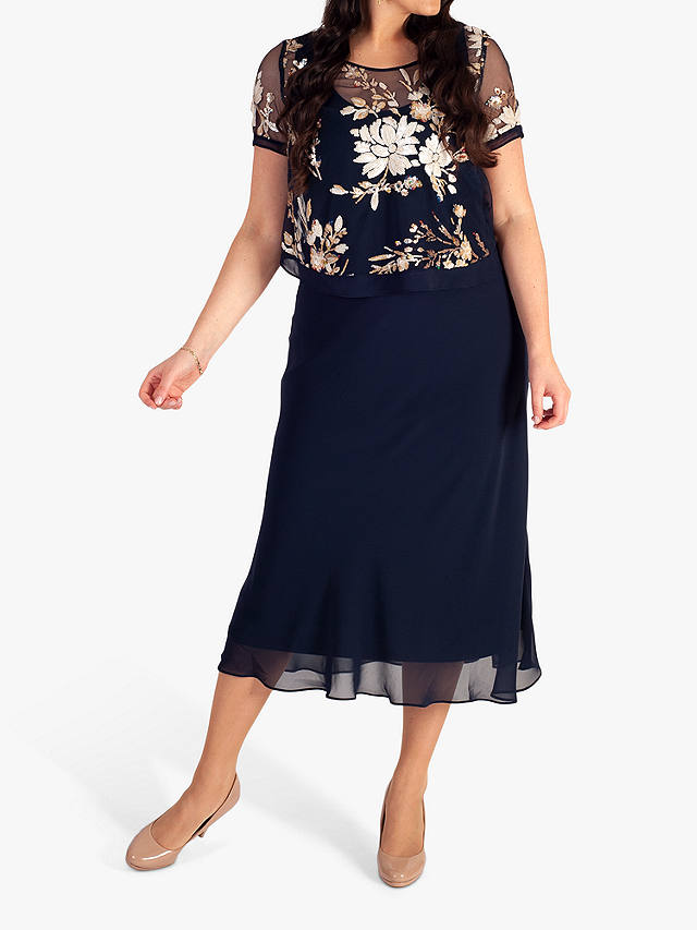 chesca Embroidered Sequin Midi Dress, Navy