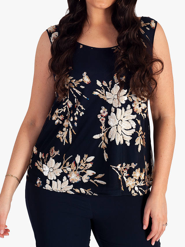 chesca Embroidered Sequin Sleeveless Top, Navy
