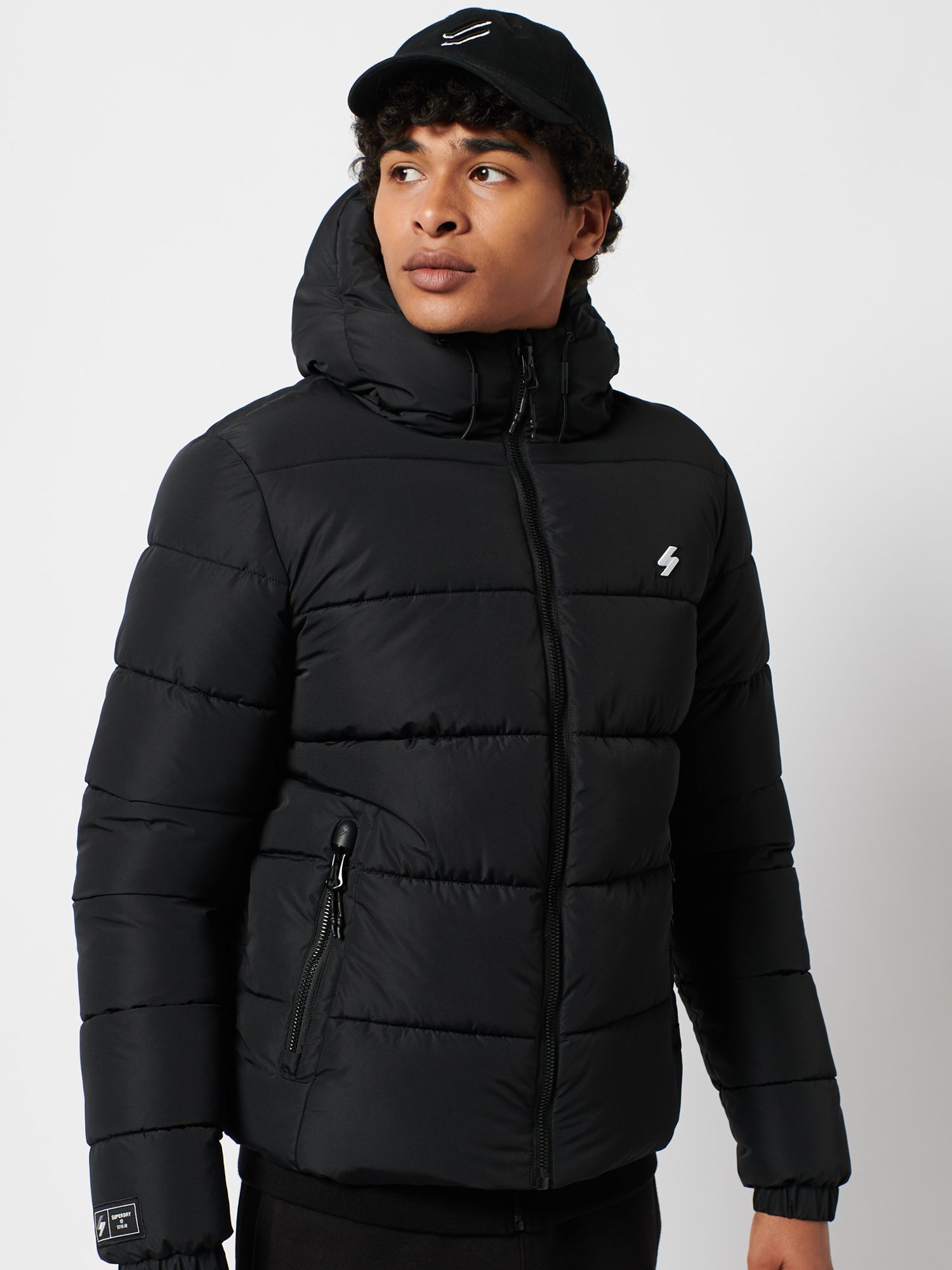 Superdry Hooded Sports Puffer Jacket, Black at John Lewis & Partners