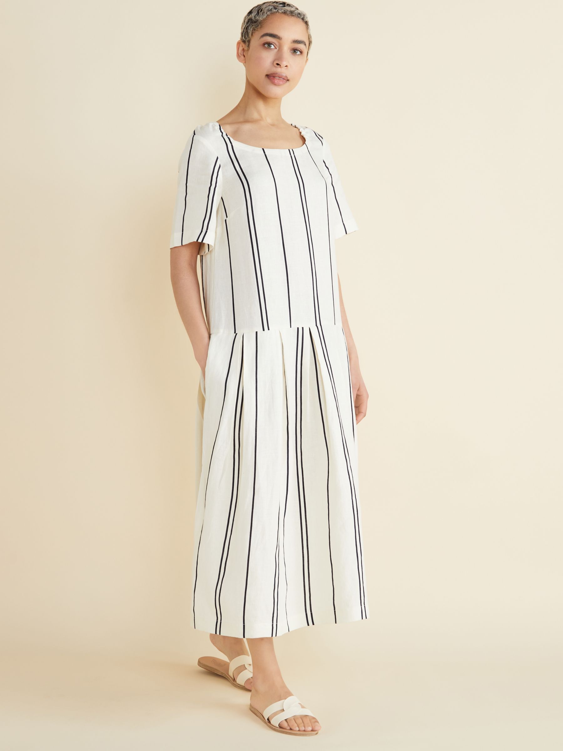 Albaray Linen Stripe Drop Waist Midi Dress, Cream at John Lewis & Partners