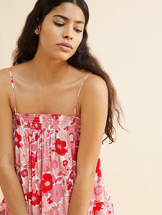 Albaray Organic Retro Floral Strapy Midi Dress, Pink