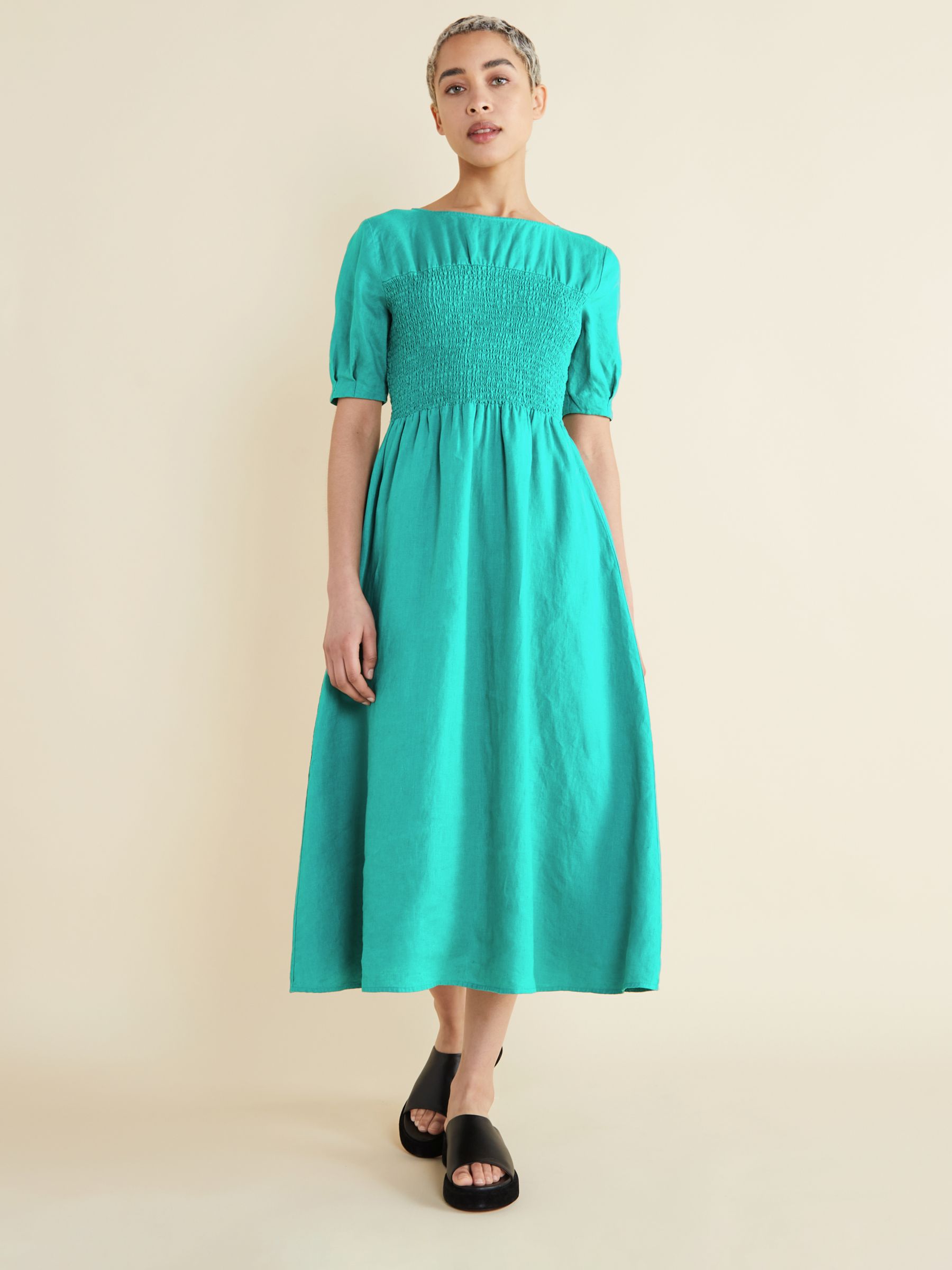 Albaray Linen Shirred Bodice Midi Dress, Mint at John Lewis & Partners