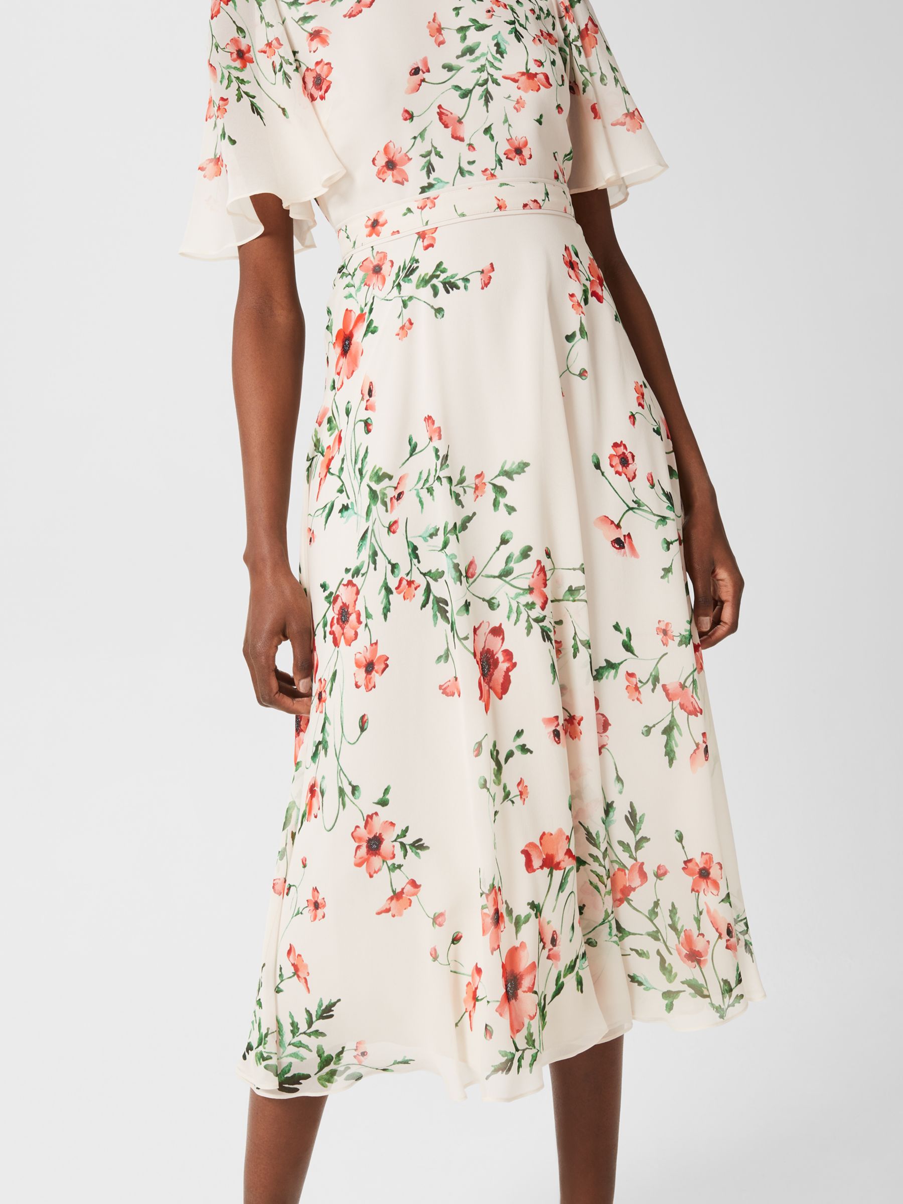 Hobbs Gianna Silk Floral Midi Dress, Cream/Red, 8