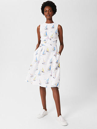 Hobbs Twitchill Boat Print Linen Dress, White/Multi