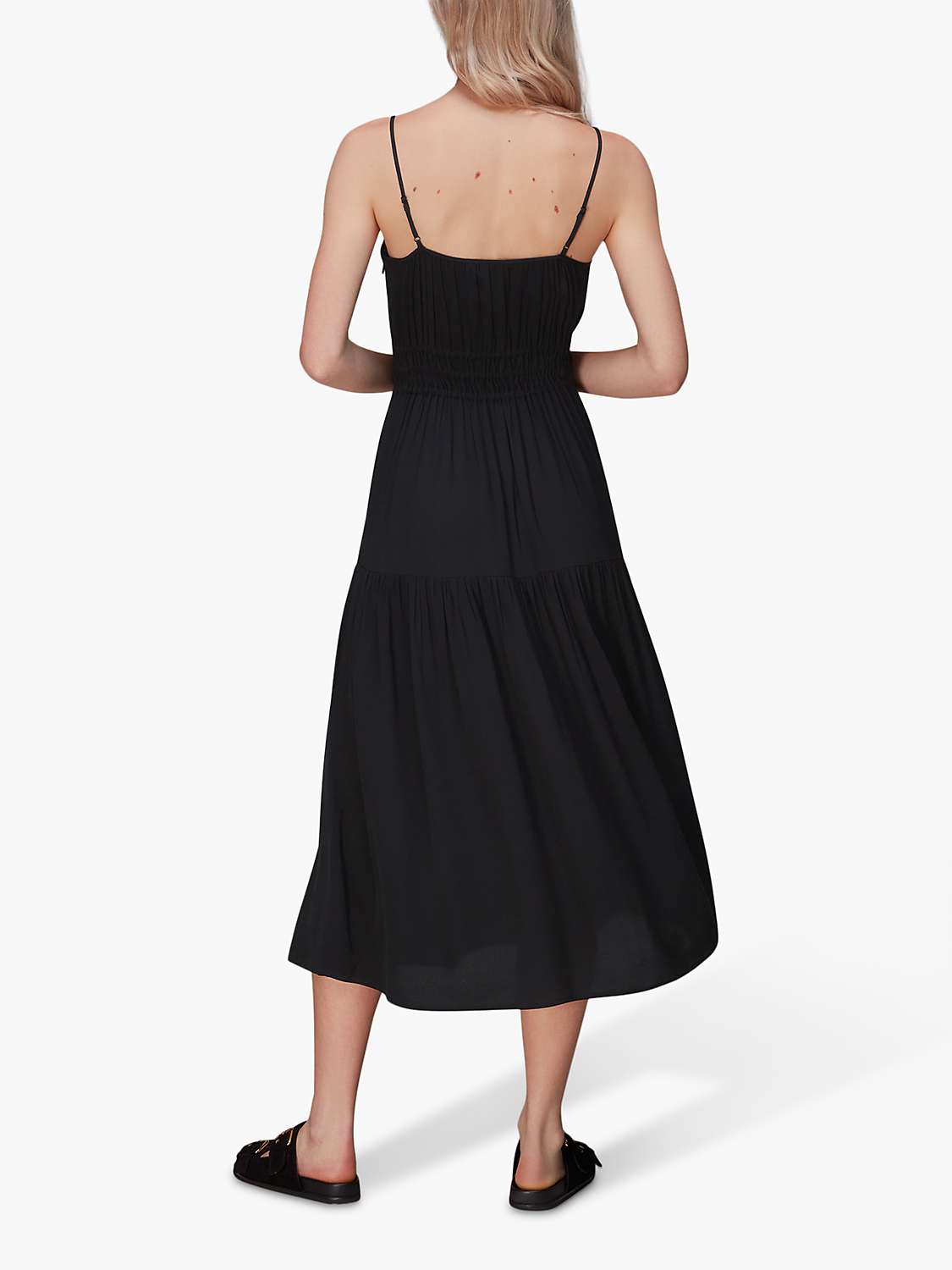 Whistles Gracie Crepe Smocked Midi Dress, Black at John Lewis & Partners