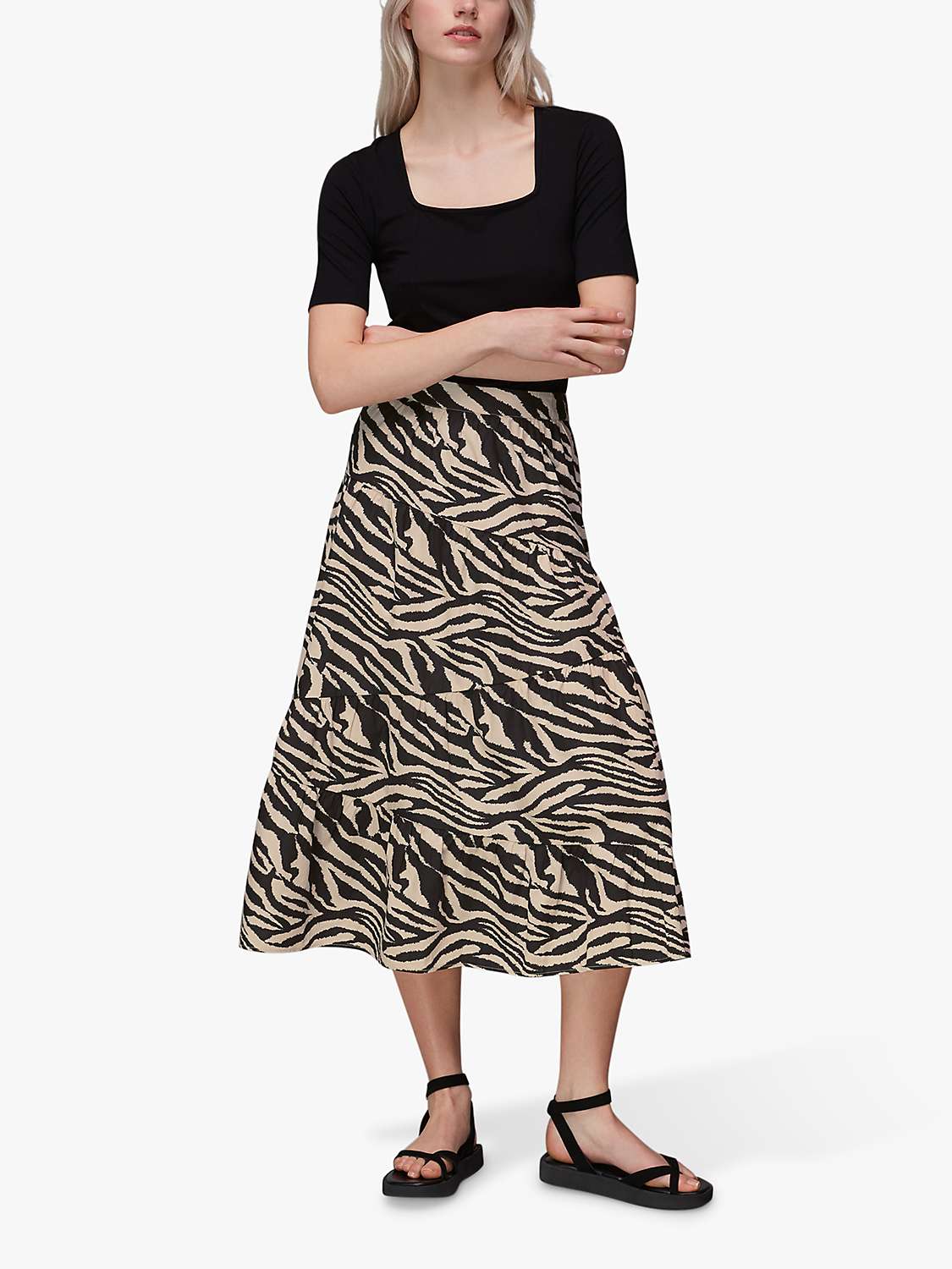 Buy Whistles Mountain Zebra Tiered Midi Skirt, Brown Online at johnlewis.com