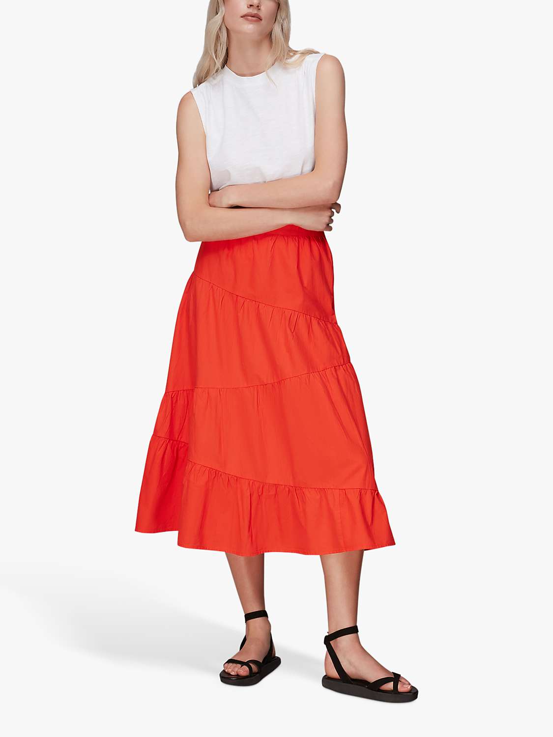 Whistles Maria Full Tiered Midi Skirt, Red at John Lewis & Partners