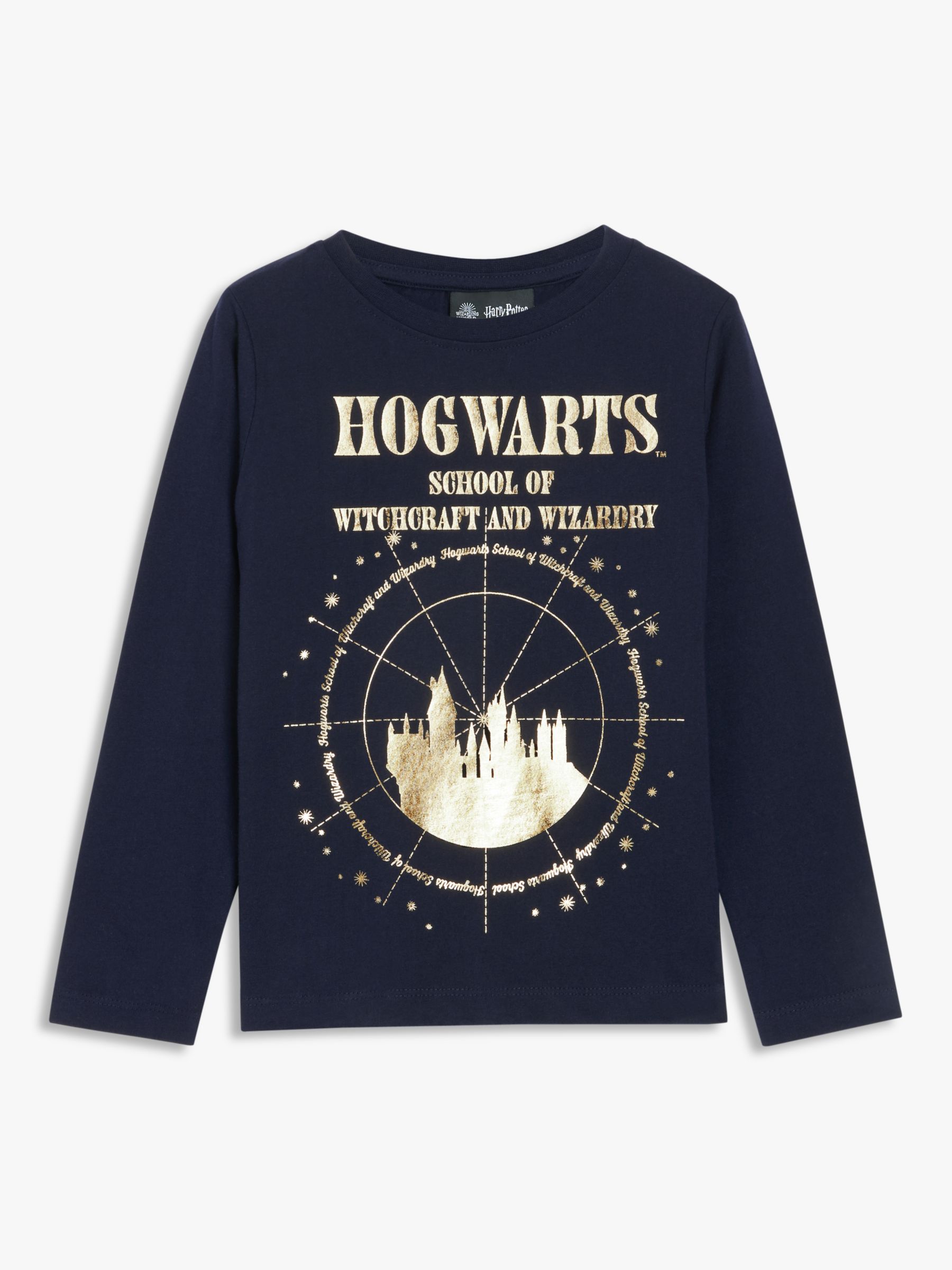 Fabric Flavours Kids' Hogwarts Long Sleeve T-Shirt, Navy/Gold, 5-6 years